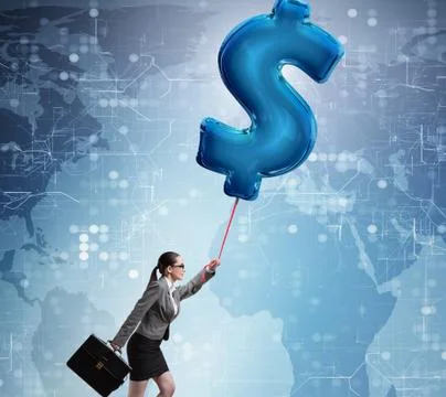 Businesswoman flying on dollar sign inflatable balloon Stock Photos