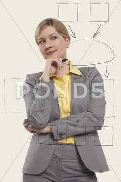Businesswoman hand on chin, looking away, smiling. Stock Photos