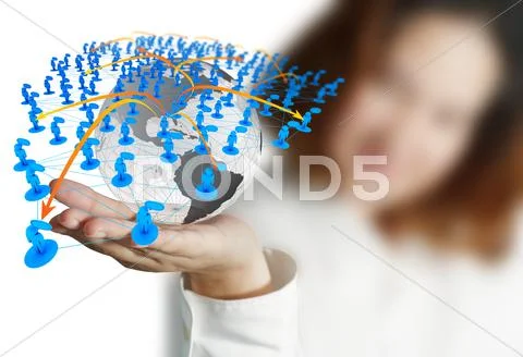 Businesswoman hand holds globe and social network Stock Illustration