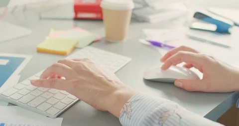 Businesswoman Hands Using Wireless Computer Keyboard And Mouse 4K Stock Footage 92368130