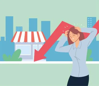 Businesswoman with headache and decrease arrow in front of store vector design 库存插图