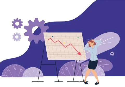 Businesswoman with headache and decrease arrow on board vector design 库存插图