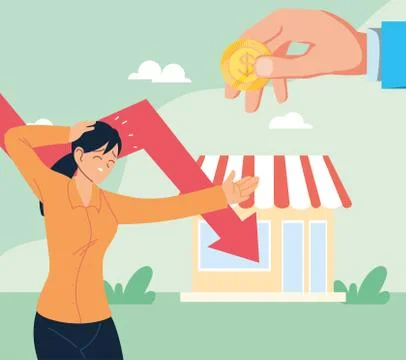 Businesswoman with headache and decrease arrow in front of store vector design 库存插图