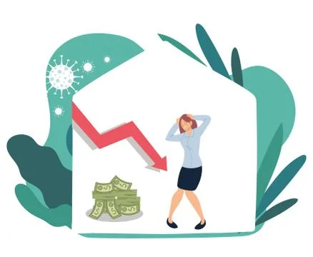 Businesswoman with headache bills and decrease arrow vector design Illustrazione stock