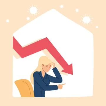 Businesswoman with headache on chair and decrease arrow vector design Illustrazione stock