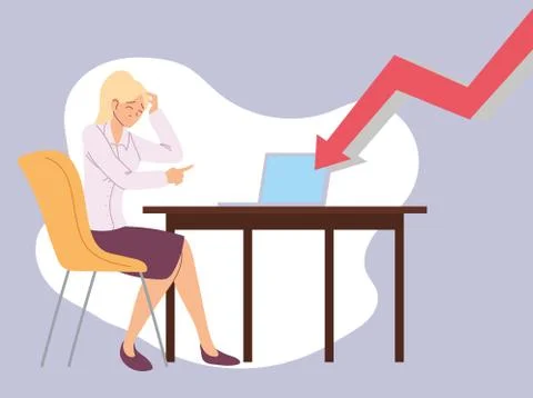 Businesswoman with headache at desk and decrease arrow vector design Stock Illustration
