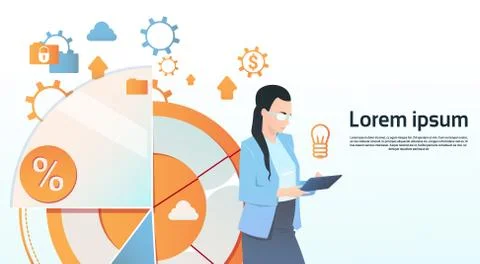 Businesswoman Hold Tablet Computer Visualization Analysis Finance Graph Illustrazione stock