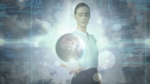 Businesswoman holding globe with binary code Stock Footage 104926360