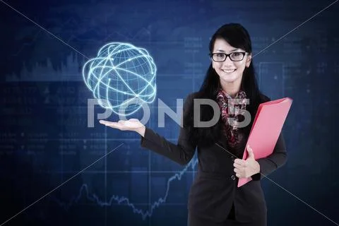 Businesswoman holds global business connection Stock Photos