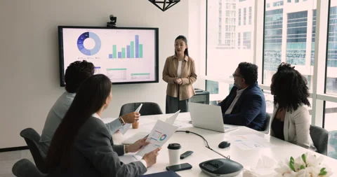 Businesswoman make presentation, using visual information with charts and graphs Stock Footage 268633195