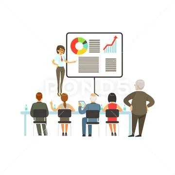 Businesswoman making presentation and explaining chart on a whiteboard, business Stock Illustrationen