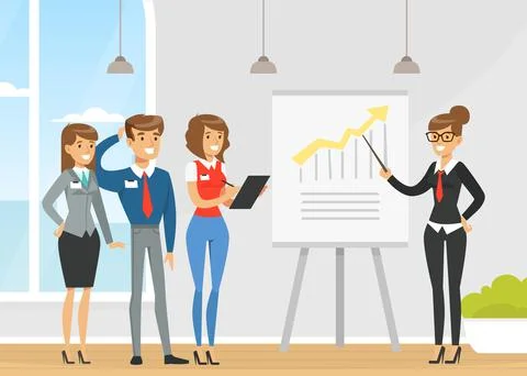 Businesswoman Making Presentation and Explaining Chart on Whiteboard, Business Stock Illustration