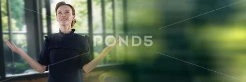 Businesswoman opening arms and looking above with motion blur transition Stock Photos