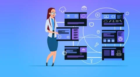 Businesswoman over data privacy computing center with hosting servers 스톡 일러스트