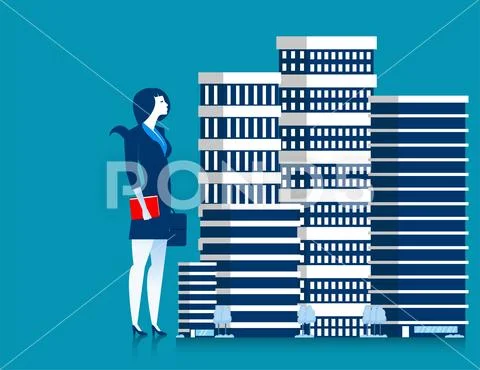 Businesswoman owner of skyscraper buildings property standing. Concept real e Stock Illustration