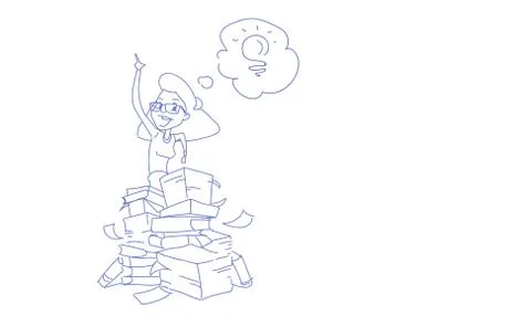 Businesswoman in paper documents stack generate new idea light lamp creative Stock Illustration