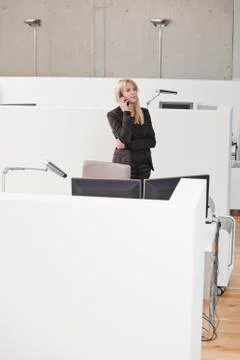 Businesswoman on phone at office cubicle Stock Photos