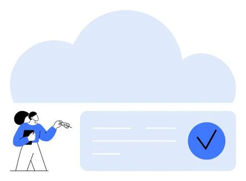 Businesswoman presenting cloud computing concept with checkmark and data in.. Stock Illustration