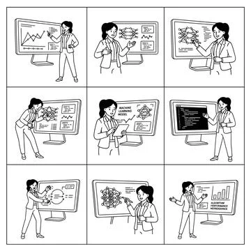 Businesswoman presenting data analysis on computer screens, line art illust.. イラスト素材