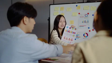Businesswoman presenting data chart project management meeting with colleagues Stock Footage 314571526