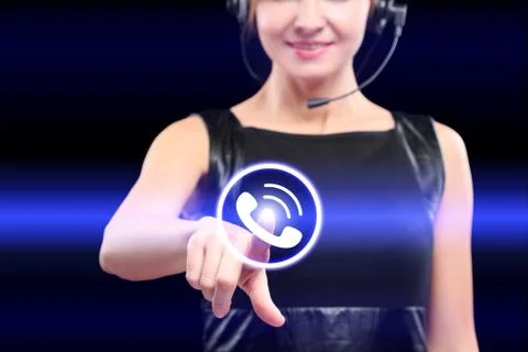 Businesswoman, pressing button on touch screen interface and select call Stock Photos