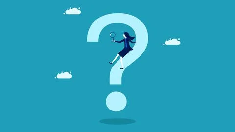 Businesswoman on a question mark. problem solving concept. business concept.  Illustrazione stock