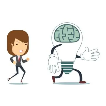 Businesswoman run after idea bulb . Choices Idea and Decision concept. Illustrazione stock