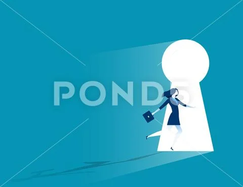 Businesswoman running to large keyhole. Concept business illustration Stock Illustration