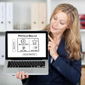 Businesswoman showing bcg matrix chart on laptop screen Stock Photos