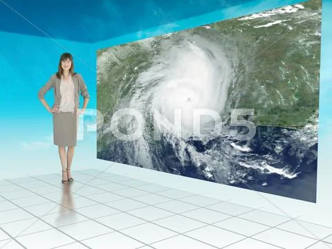 Businesswoman standing next to futuristic screen showing weather Stock Photos
