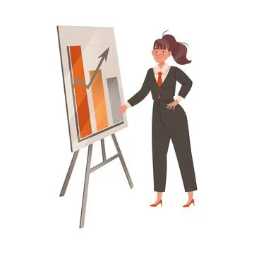 Businesswoman in suit and tie making presentation explaining charts on white Stock Illustration