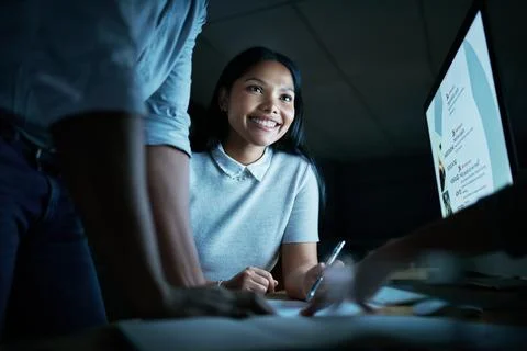 Businesswoman, team or computer screen with meeting at night for ui testing.. Stock Photos