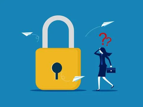 Businesswoman thinking of solving the problem of unlocking the lock. vector Illustrazione stock