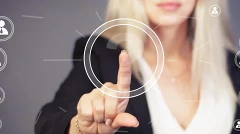 Businesswoman touch button interface question icon web Stockbeeldmateriaal 53629431