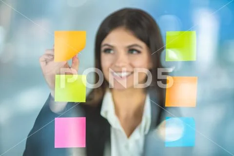 The businesswoman touch color stickers Stock Photos
