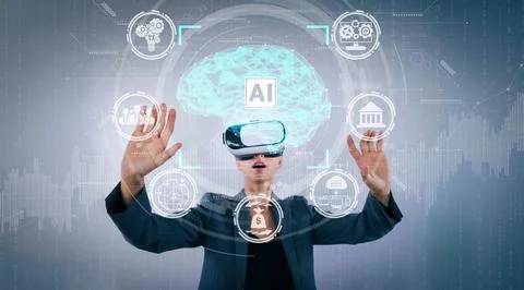 Businesswoman using Ai generated while looking at holographic icon. Contraption. Foto stock