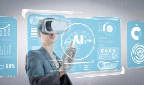 Businesswoman using Ai generated while looking at holographic icon. Contraption. Stock Photos