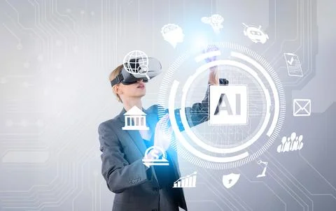 Businesswoman using Ai generated while looking at holographic icon. Contraption. Stock Photos