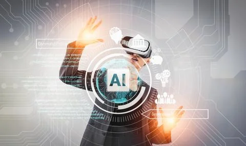 Businesswoman using Ai generated while looking at holographic icon. Contraption. Stock Photos