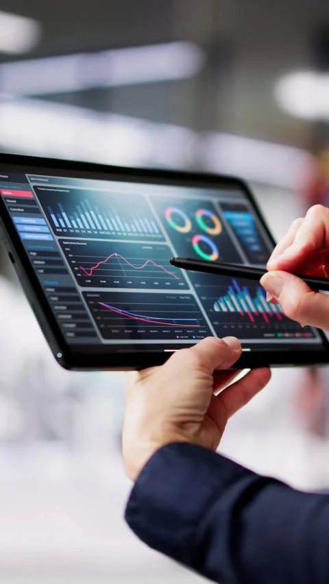 Businesswoman Using Analytics Data KPI Dashboard Video stock 264930782