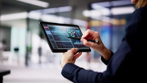 Businesswoman Using Analytics Data KPI Dashboard Video stock 266453790