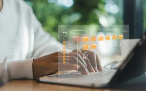 Businesswoman using a computer to document management, Document Management .. 库存照片