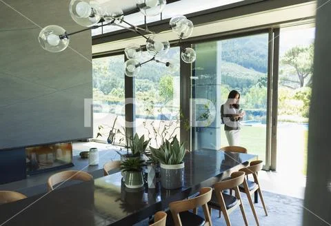 Businesswoman using smart phone at patio door Stock Photos