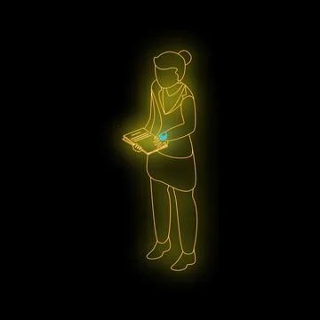 Businesswoman using smartwatch while reading a document, neon isometric ill.. Stock Illustration