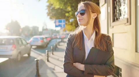 Businesswoman Using Tablet, Going to Work in the City. SLOW MOTION STEADICAM Stock Footage 68545612