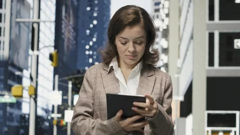 Businesswoman using tablet to solve work tasks in downtown center Stock Photos