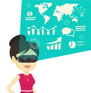 Businesswoman in vr headset analyzing virtual data Illustrazione stock