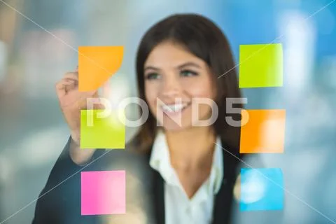 The businesswoman work with stickers Stock Photos