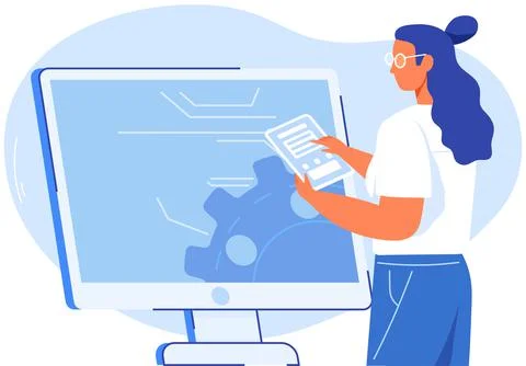 Businesswoman working with computer program interface design, analyzing document Stock Illustration