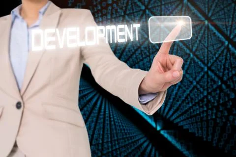 Businesswomans finger touching cevelopment button Stock Illustration